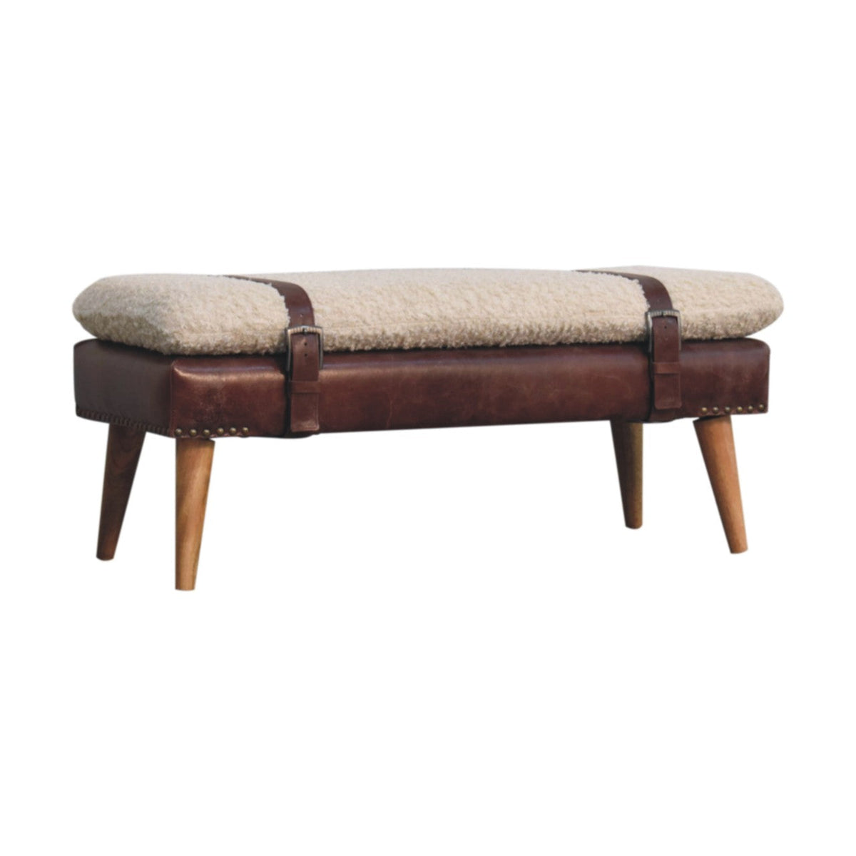 Bouclé and Leather Bench
