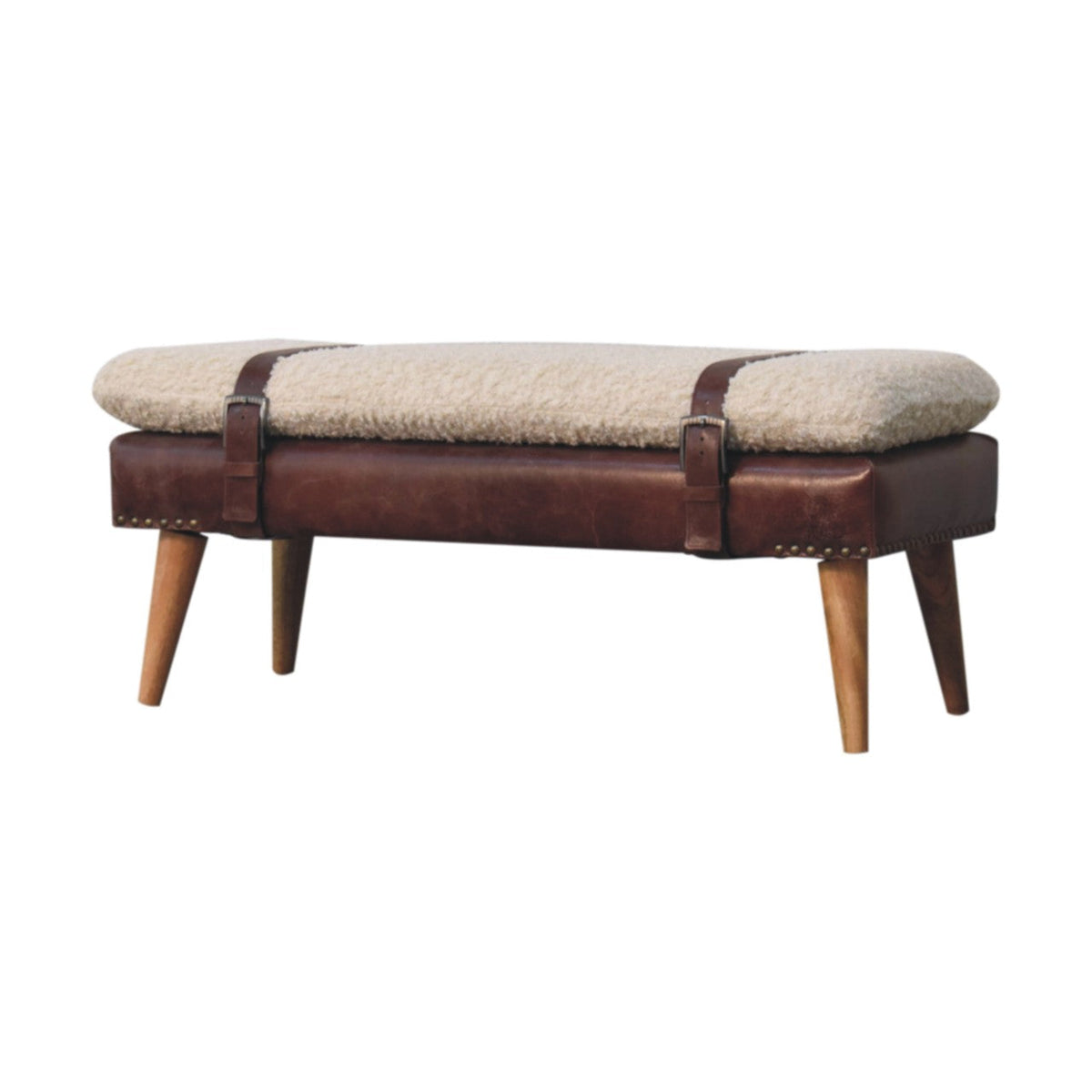 Bouclé and Leather Bench
