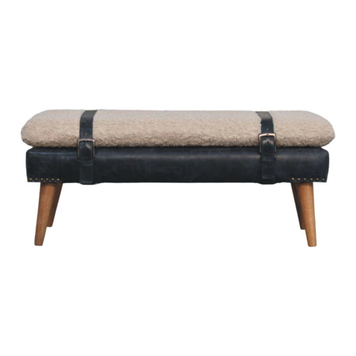 Bouclé and Leather Bench