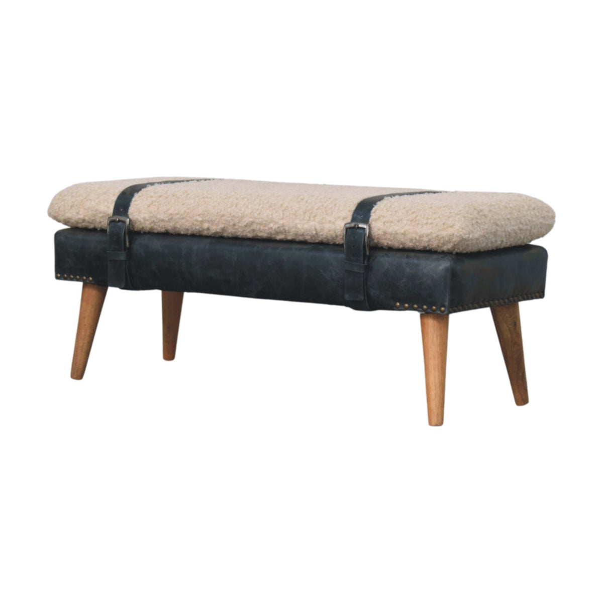 Bouclé and Leather Bench