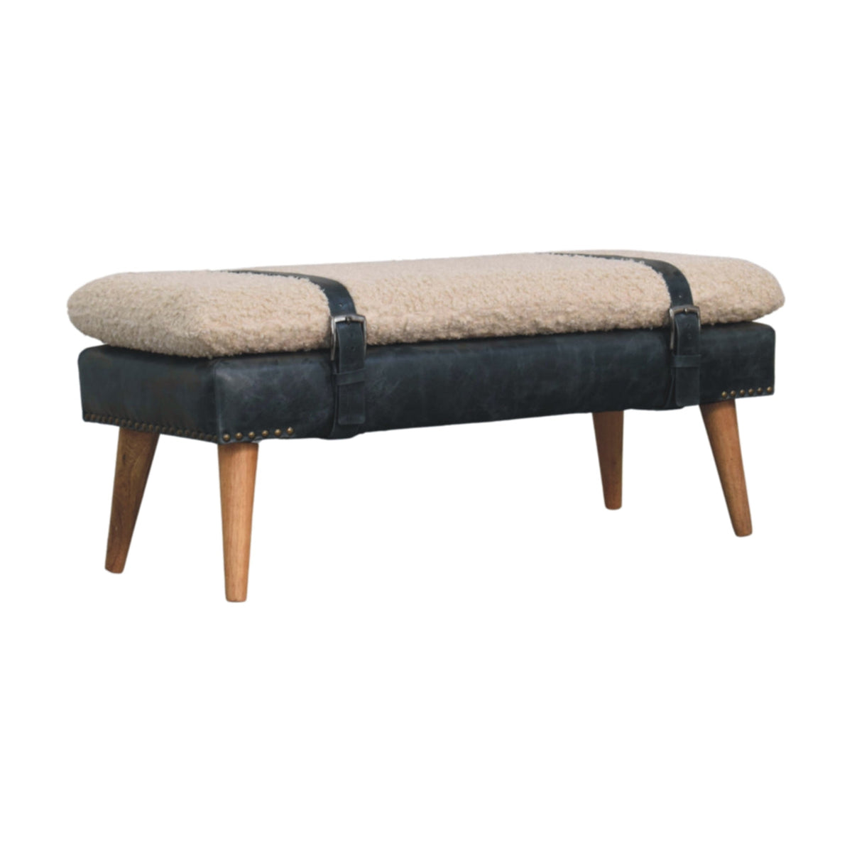 Bouclé and Leather Bench