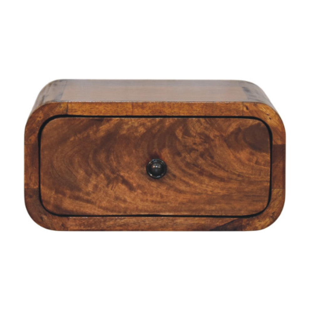 Rounded chestnut-toned nightstand drawer with a centered dark knob, shown straight on.