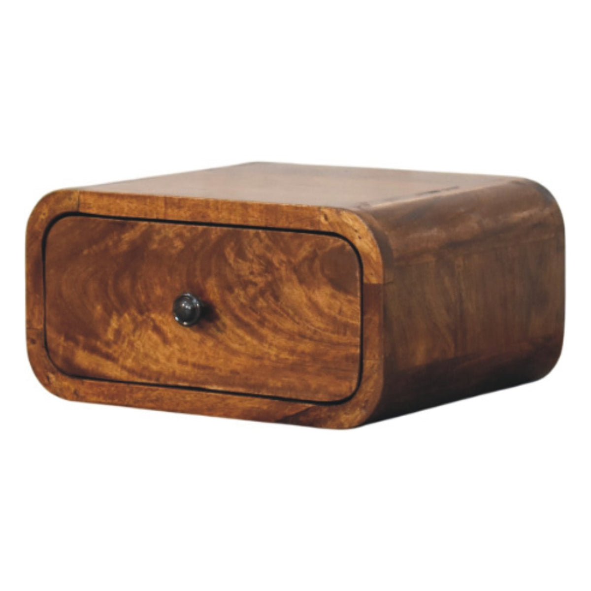 Nightstand shown from the front and right side, revealing its rounded body and single drawer.