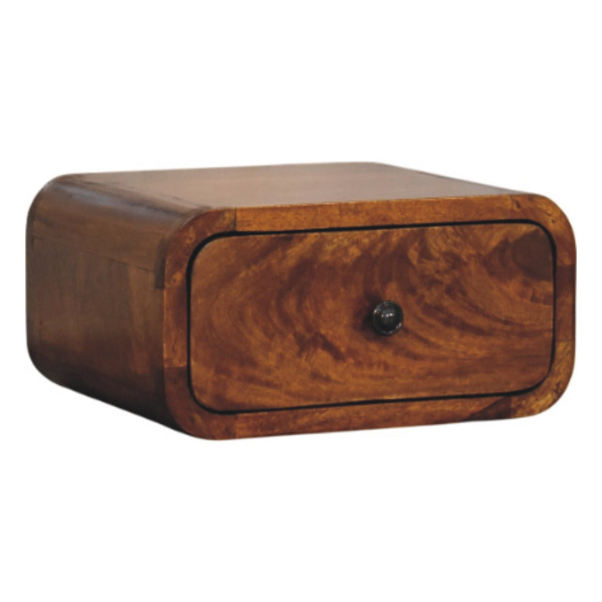 Nightstand shown from the front and left side, with the drawer and curved side panel visible.