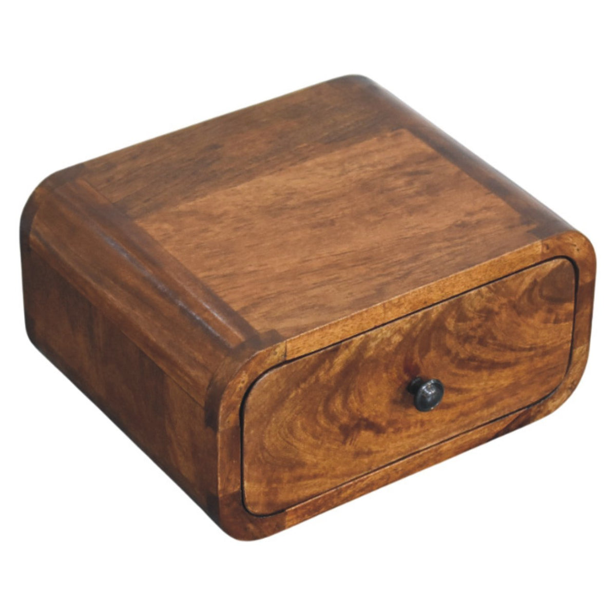 Rounded chestnut-colored nightstand with one closed drawer and a dark knob, shown from above at an angle.