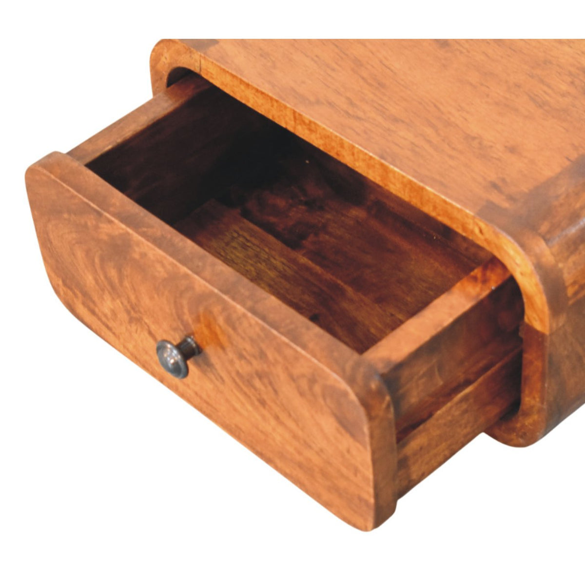 The drawer is pulled open, showing its empty wooden interior and rounded front.