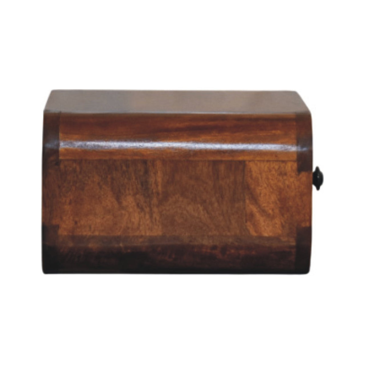 Nightstand viewed from above, showing its broad wooden surface, rounded edges, and knob at the right side.