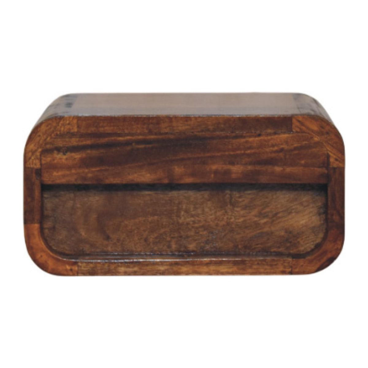 Rounded chestnut-toned wooden nightstand shown from the rear or underside, with a broad inset panel.