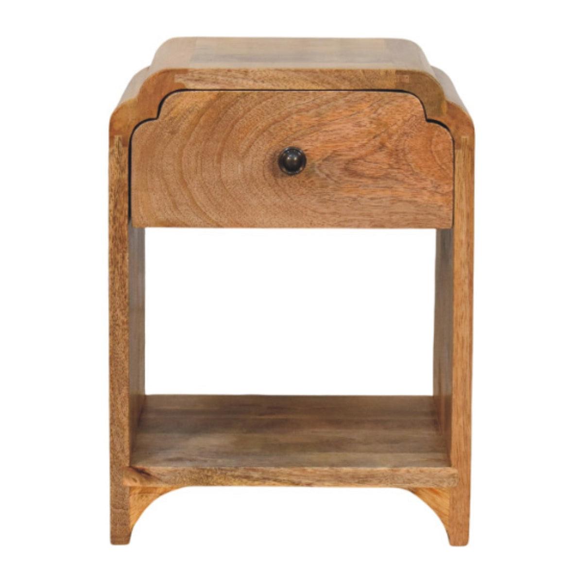Front view of a wooden nightstand with one drawer, a round dark knob, and an open shelf.