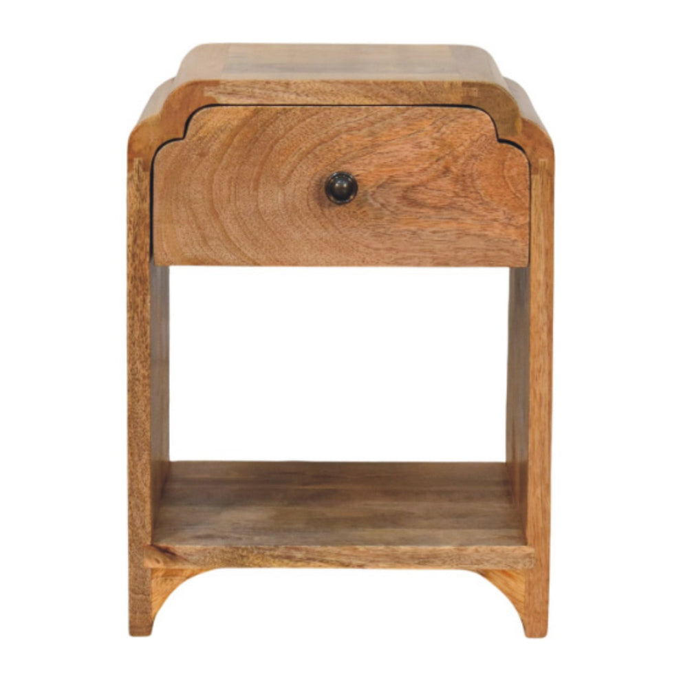 Front view of a wooden nightstand with one drawer, a round dark knob, and an open shelf.
