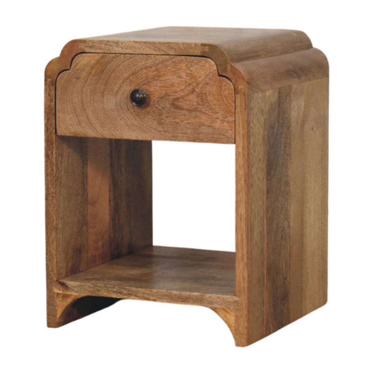 Angled view showing the nightstand’s rounded top, drawer, open shelf, and solid side panel.