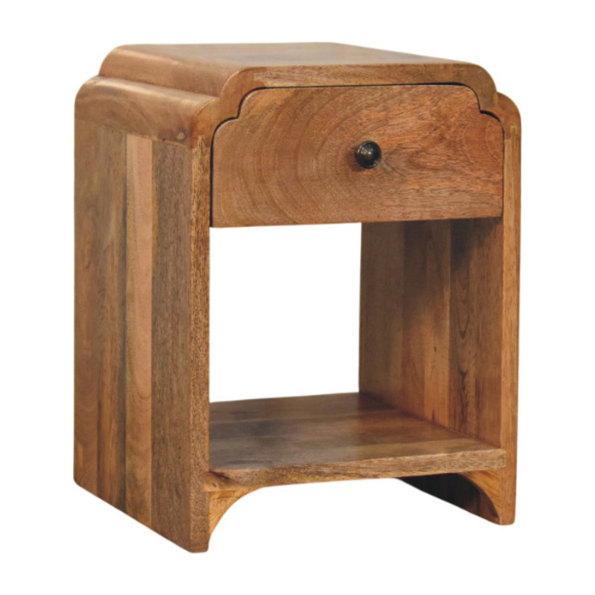 Opposite angled view of the wooden nightstand, with its drawer and open shelf facing forward.