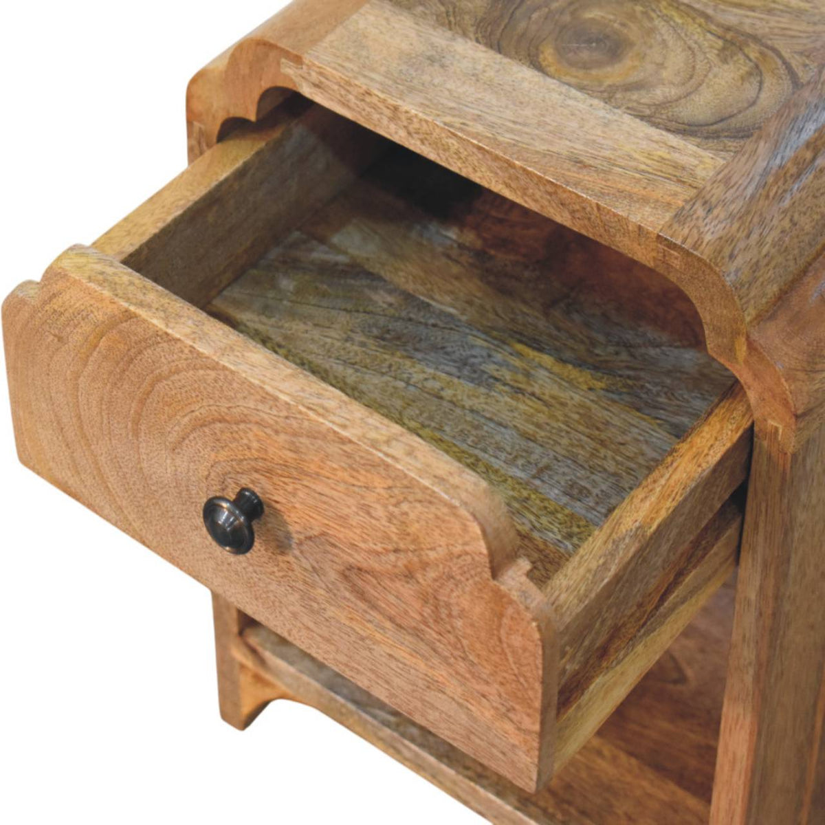 The drawer is pulled open, showing its wood interior above the nightstand’s lower shelf.