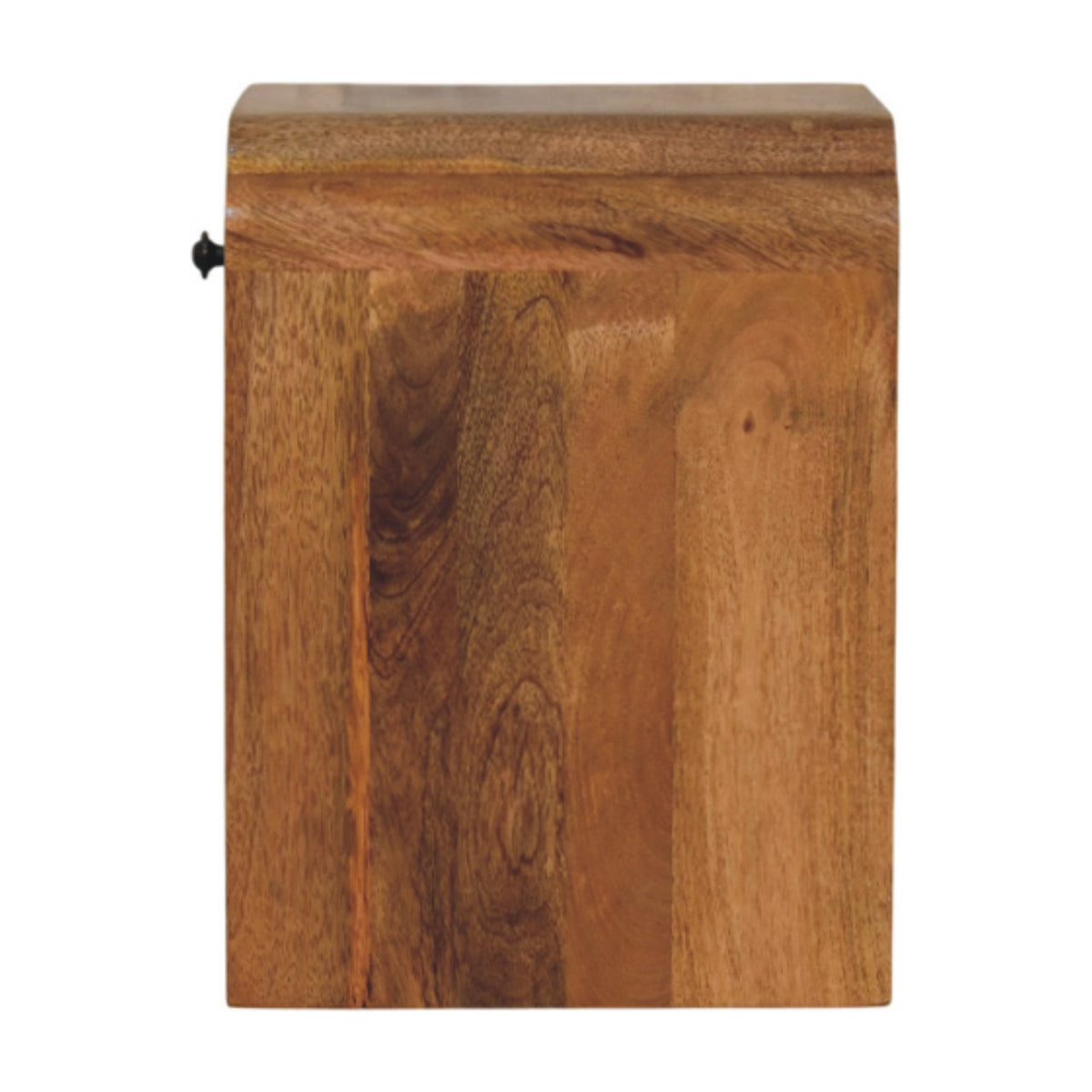 A close view of the broad wood back panel, with part of the drawer knob visible at the edge.