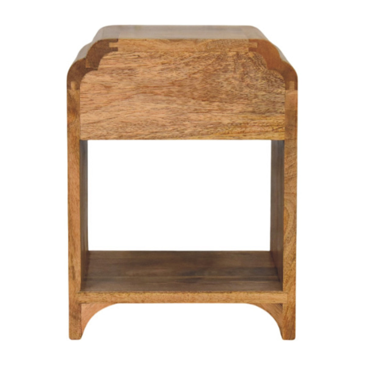 Rear of a wooden nightstand with an open shelf and curved lower legs.