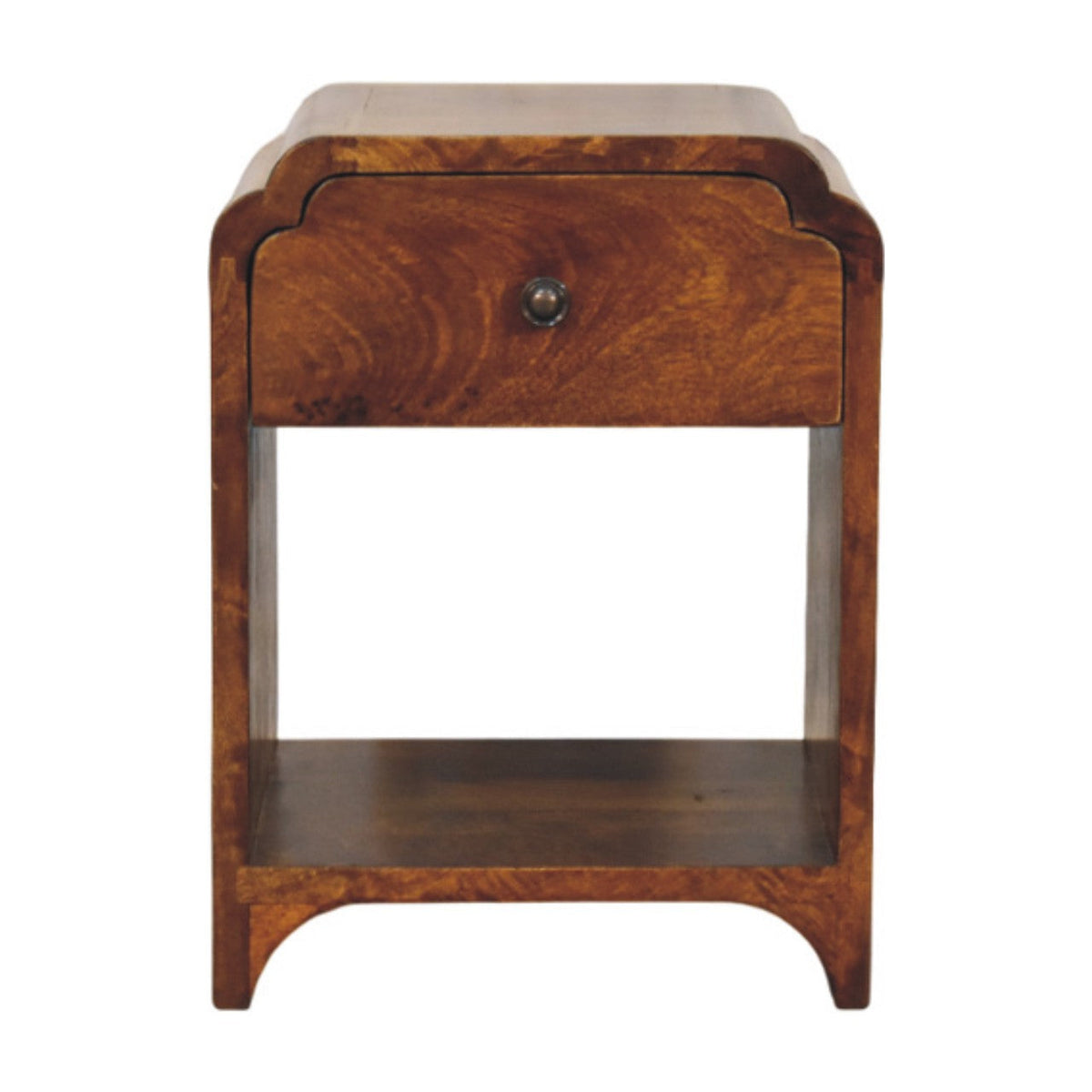 Dark brown nightstand photographed straight on, with a single drawer above an open shelf.