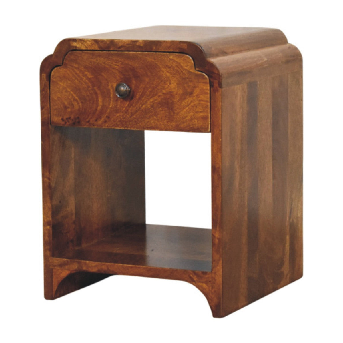 Angled view of a dark wood nightstand showing its drawer, open shelf, and solid side panel.