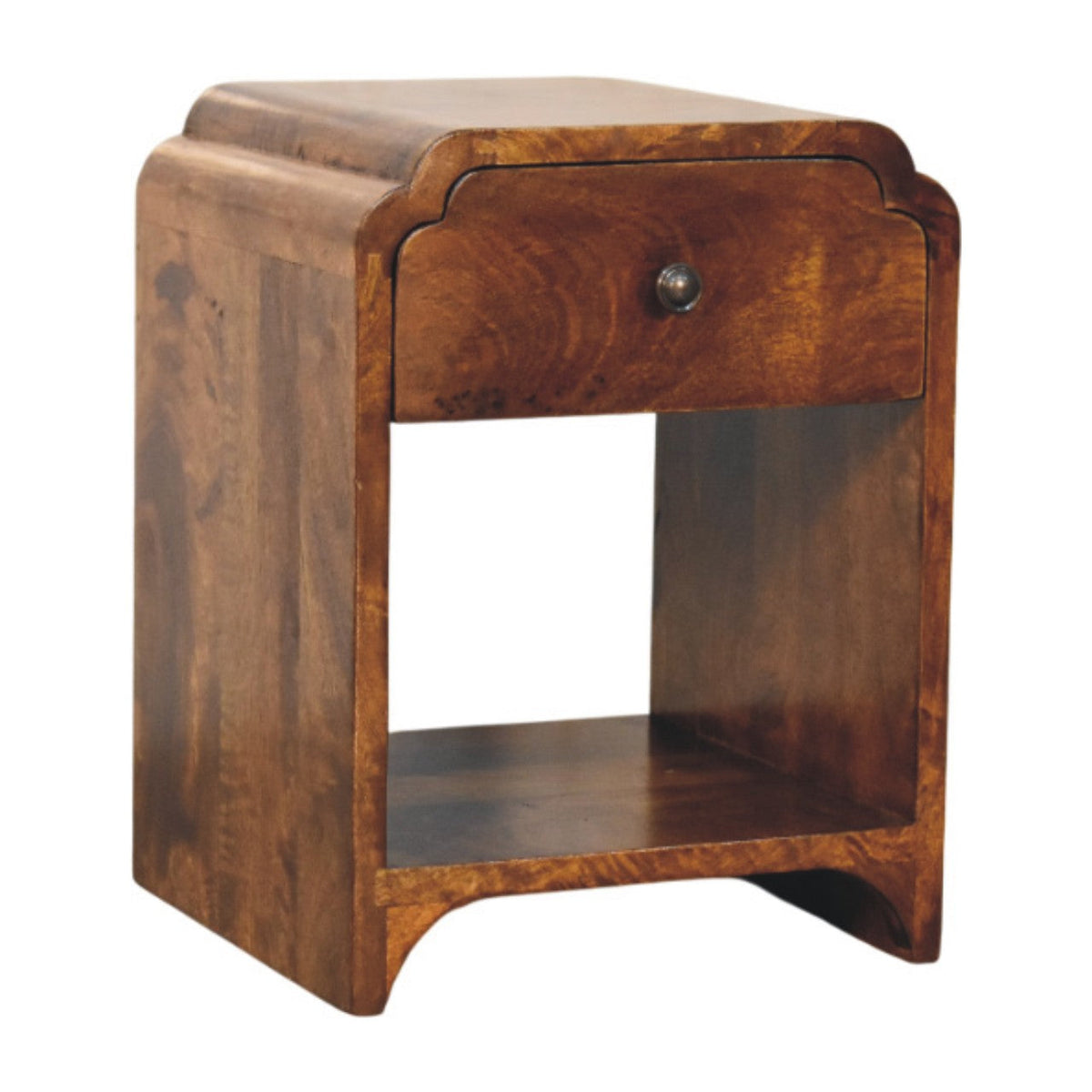 Three-quarter view of a brown wooden nightstand with a drawer, round knob, and open shelf.
