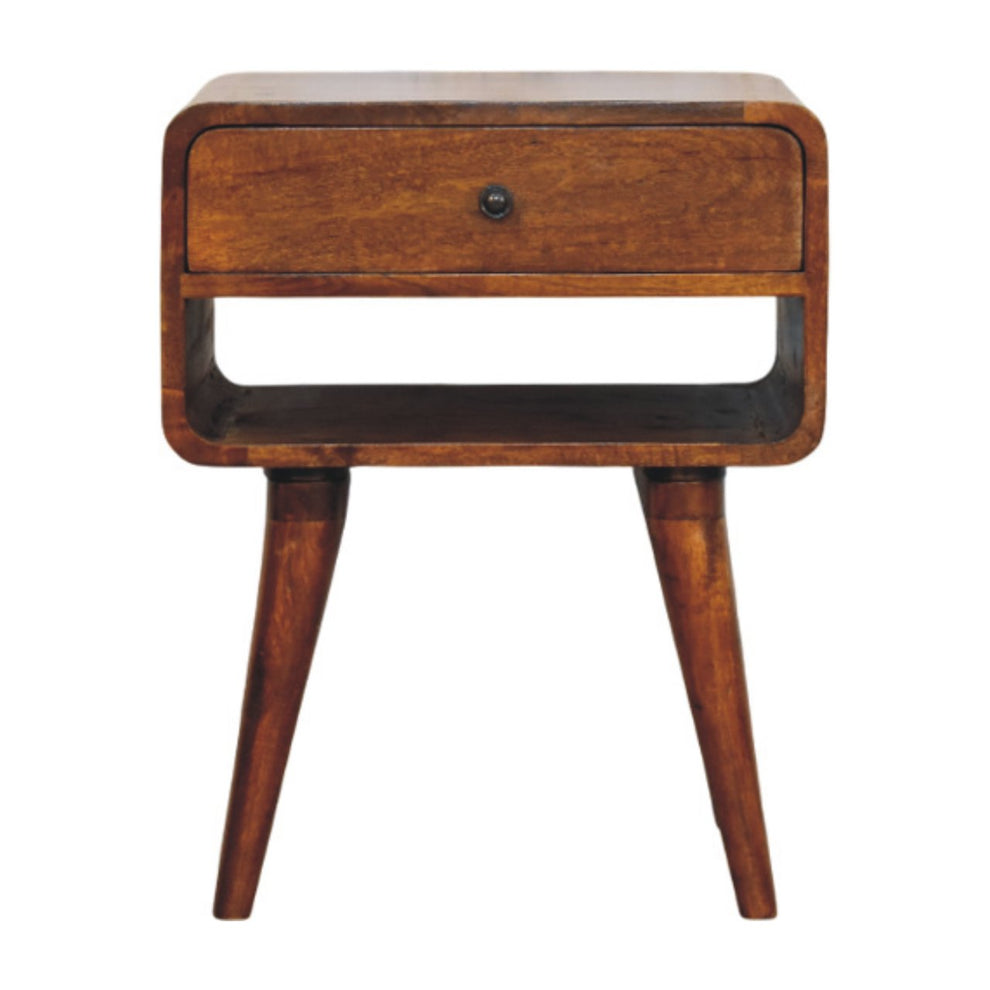 Front view of a chestnut nightstand with one drawer, an open cubby, and two tapered legs visible.