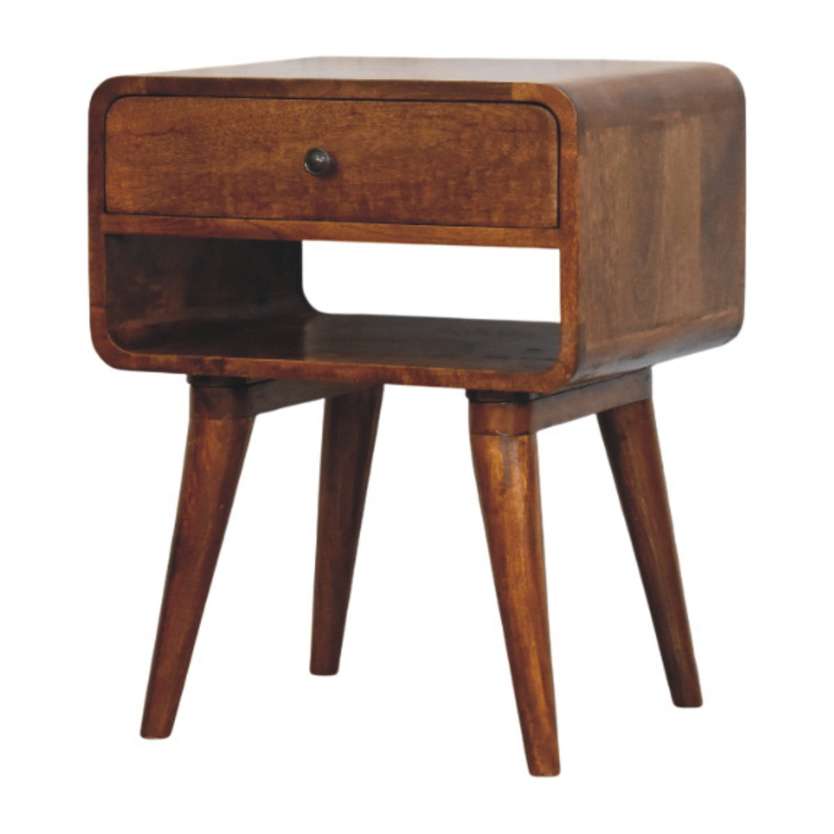 Angled view showing the nightstand’s rounded sides, drawer, open shelf, and four splayed legs.