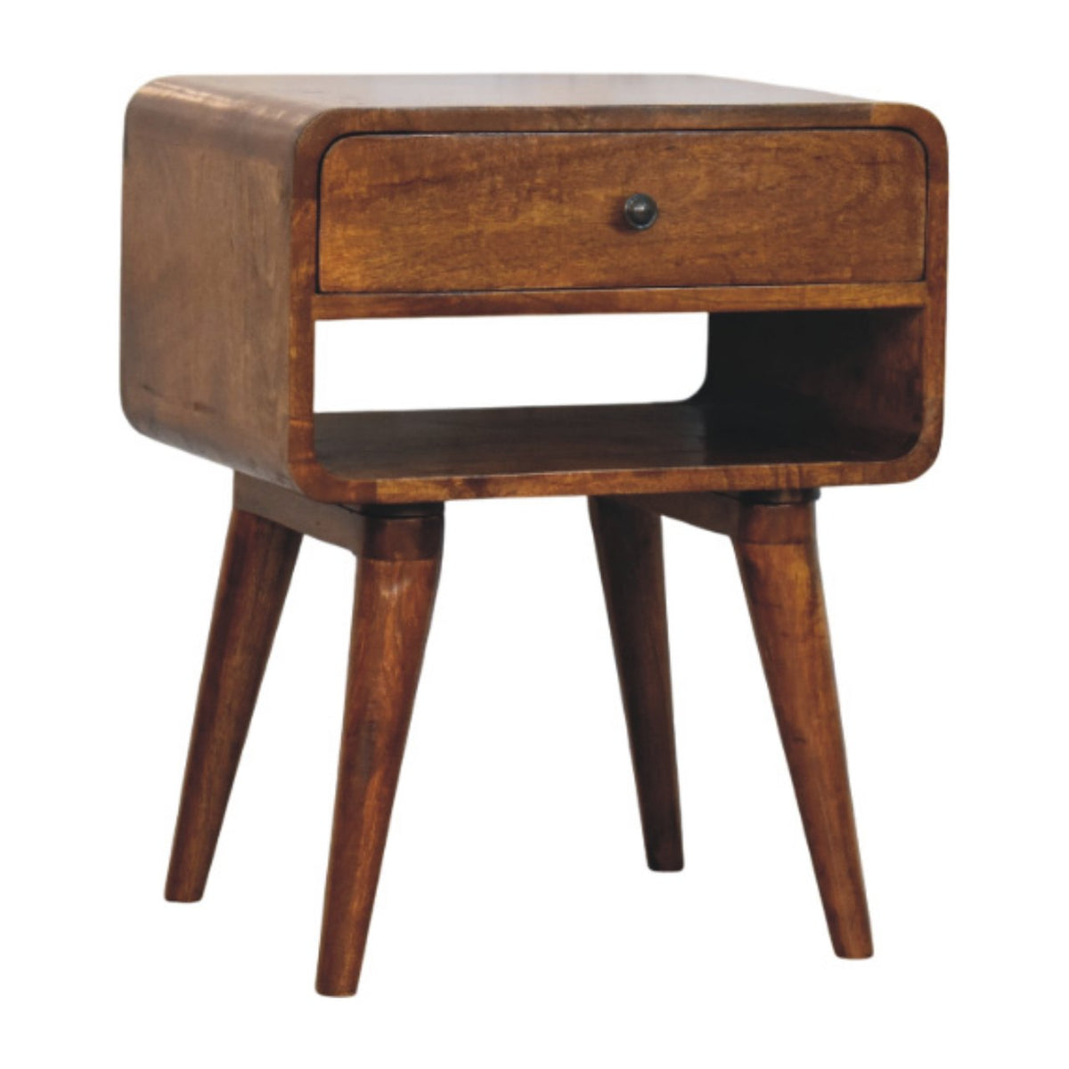 Nightstand viewed from the other side, with its drawer and open cubby framed by rounded edges.