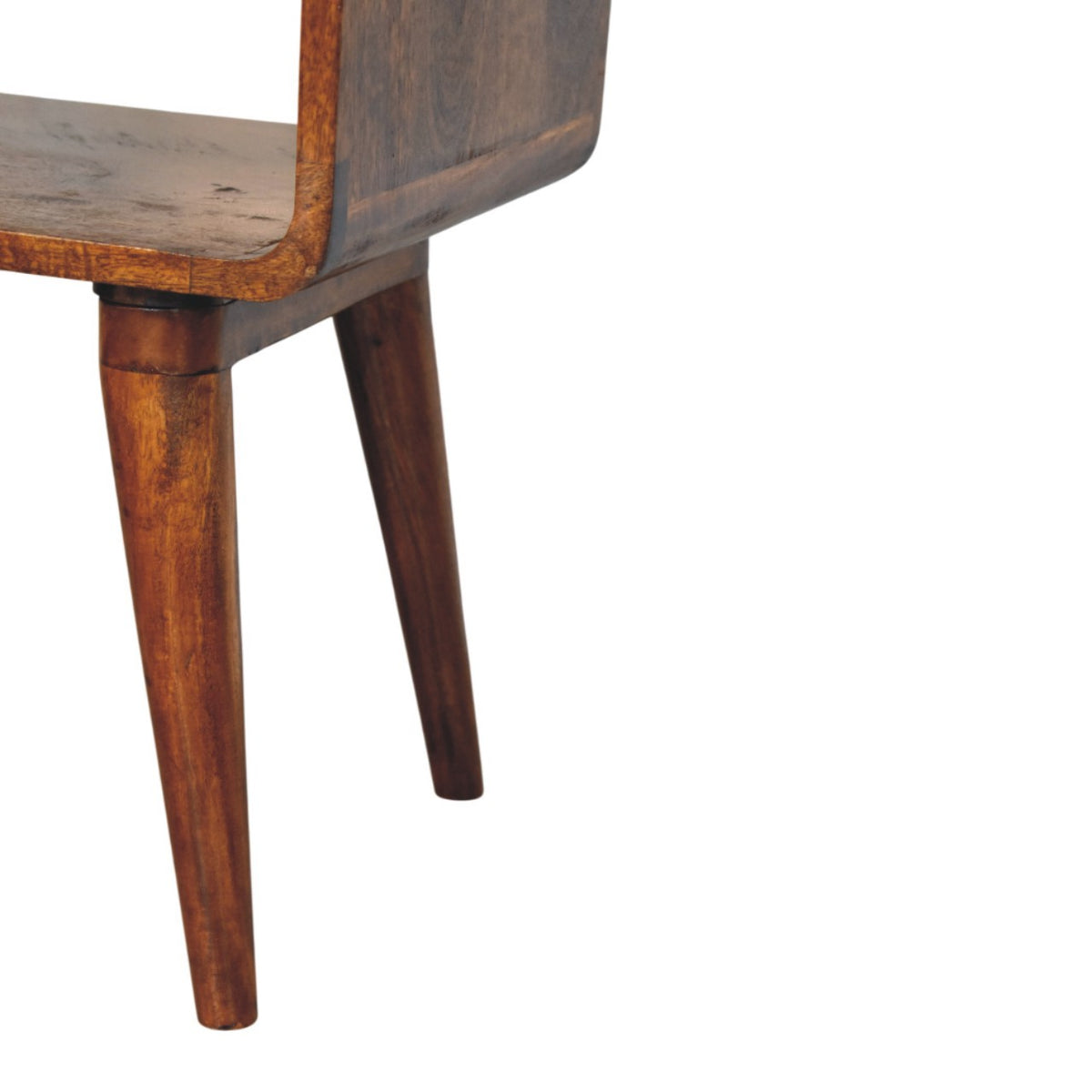 Close view of the nightstand’s wooden side panel and two tapered legs against a white background.