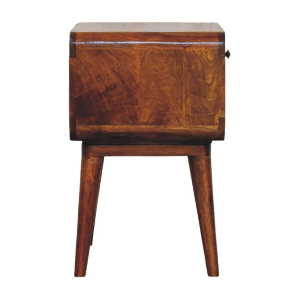 Straight-on view of the nightstand’s wooden side panel, with its two tapered legs visible below.
