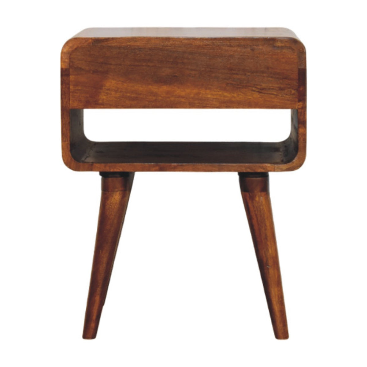 Chestnut-toned nightstand with a wide open slot and two tapered legs, shown against a white background.