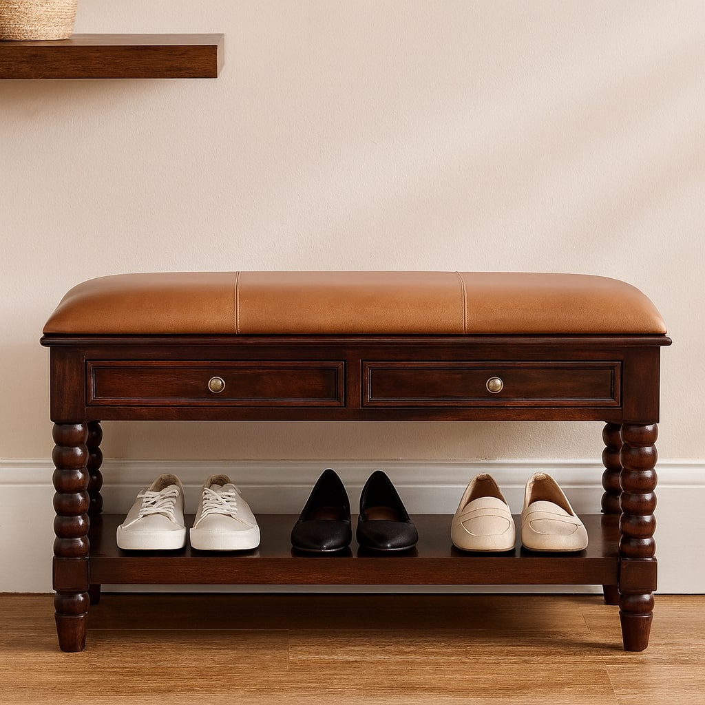 Spindle Winewood Leather Bench