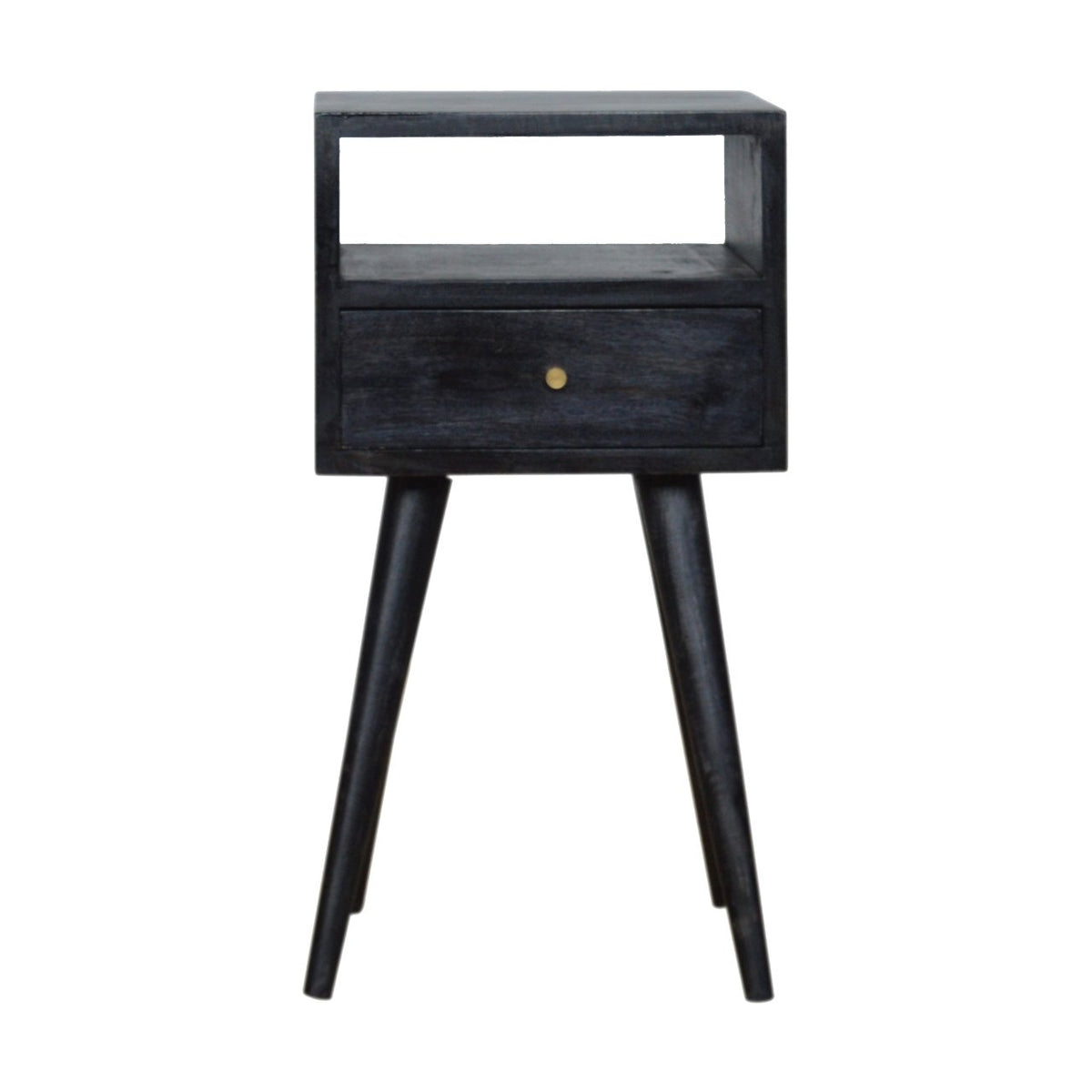 Ash black nightstand shown straight on with one drawer, open shelf and four legs