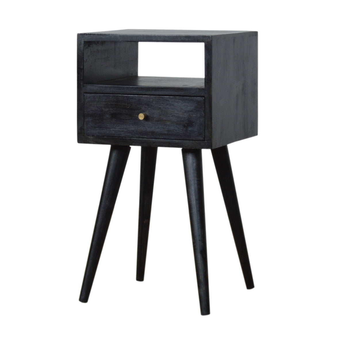Ash black nightstand at an angle showing its drawer, shelf and side panel