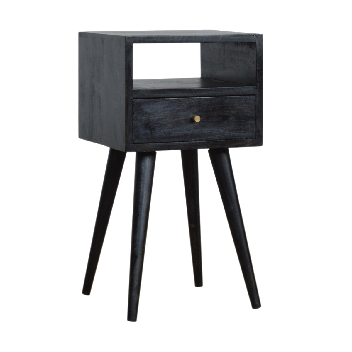 Ash black nightstand from the opposite angle with drawer and shelf visible