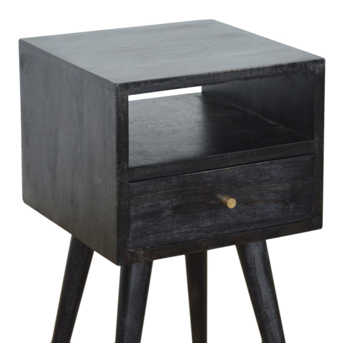 Close angled view of the ash black nightstand's shelf, drawer and tabletop