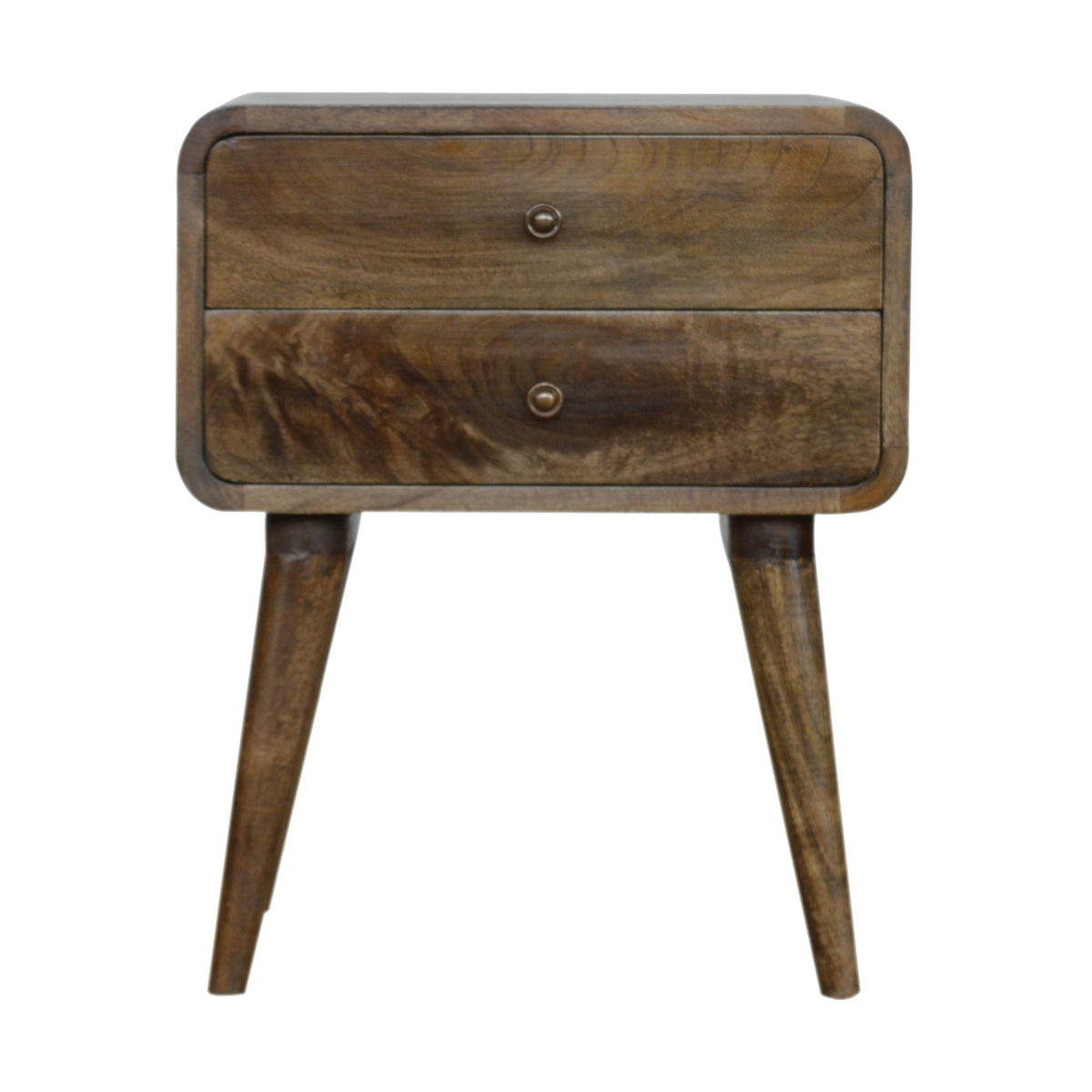 Brown wood nightstand shown straight on with two drawers and tapered legs