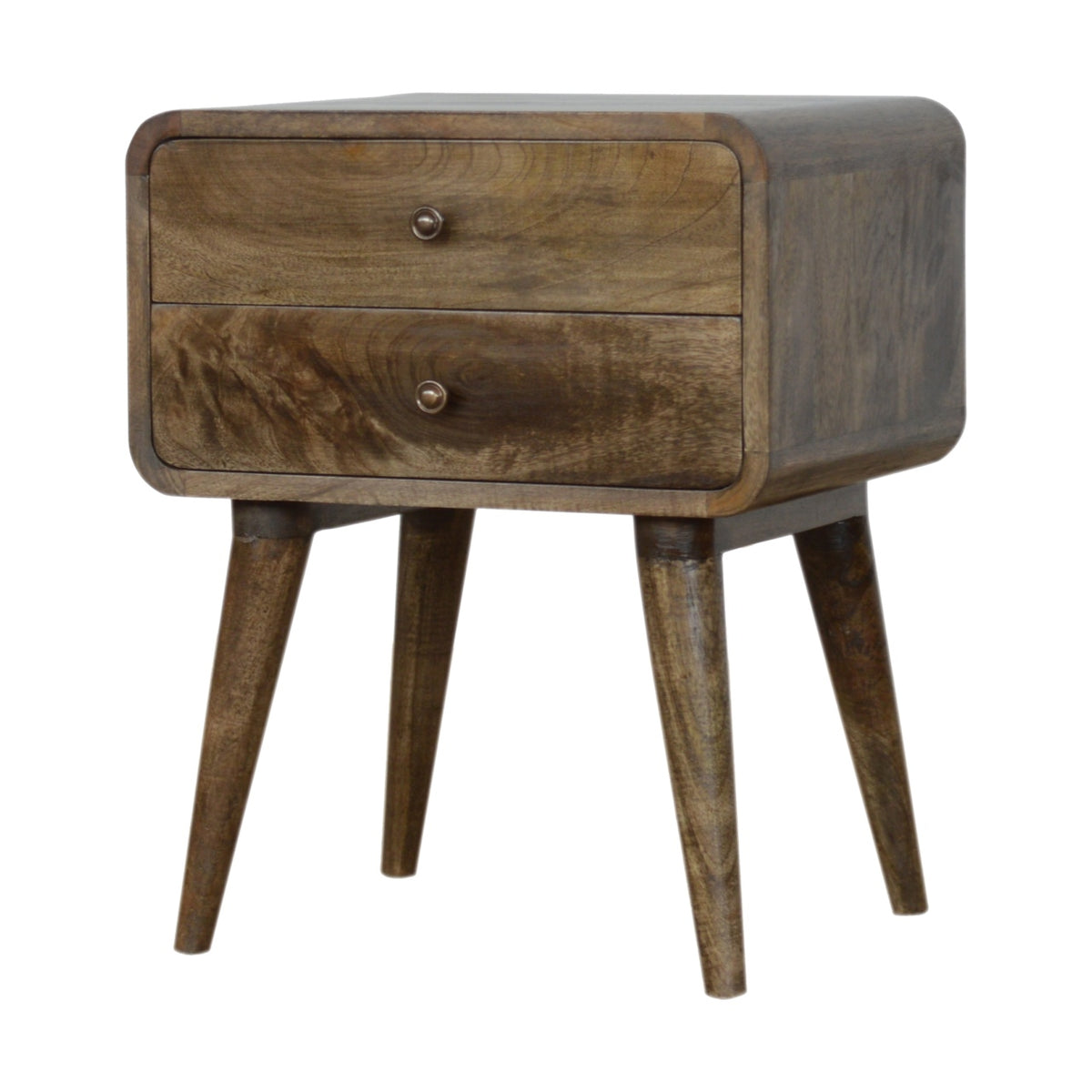 Brown wood two-drawer nightstand at a front right angle