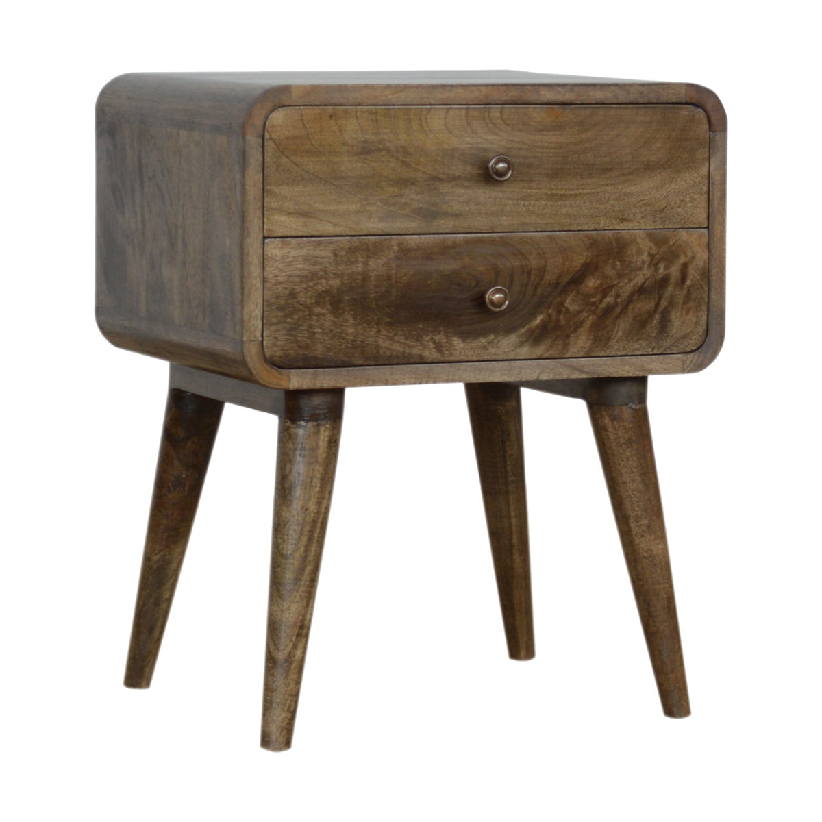 Brown wood two-drawer nightstand at a front left angle