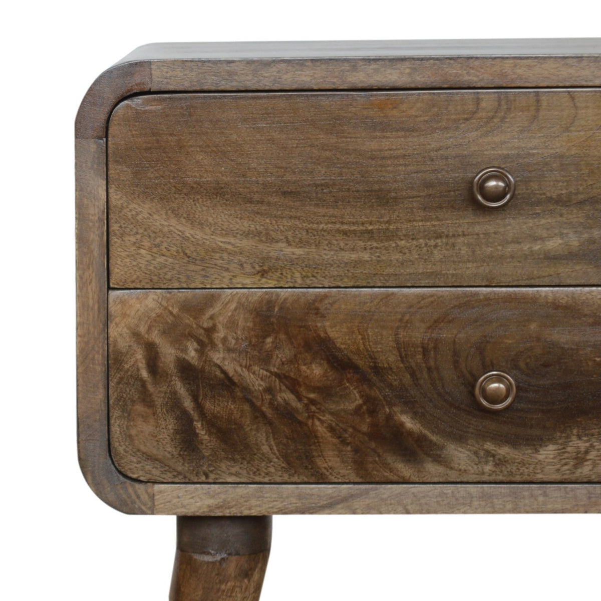 Close view of the rounded brown wood drawer fronts and knobs