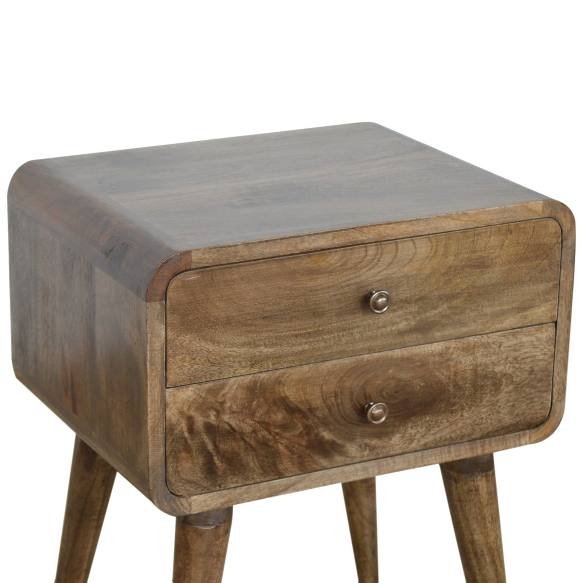 Brown wood nightstand viewed from above at a front angle