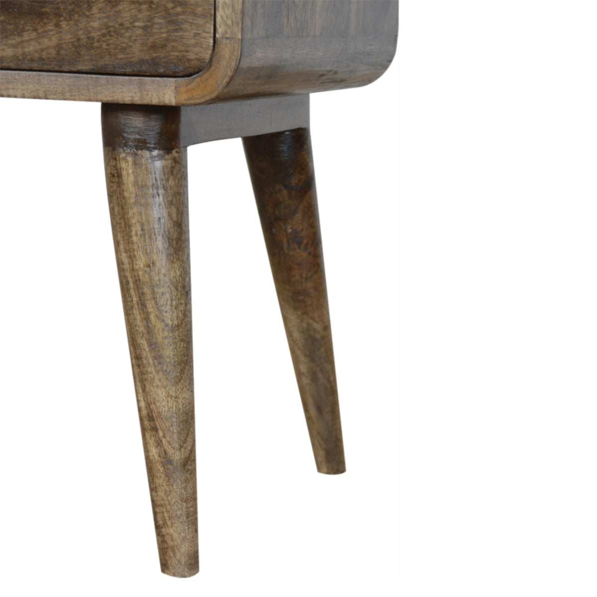 Close view of the nightstand's tapered brown wood legs