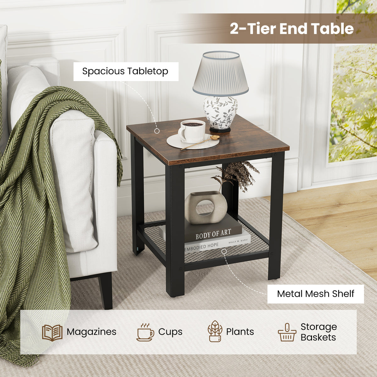 Industrial End Table 2-Tier Side Table, Black