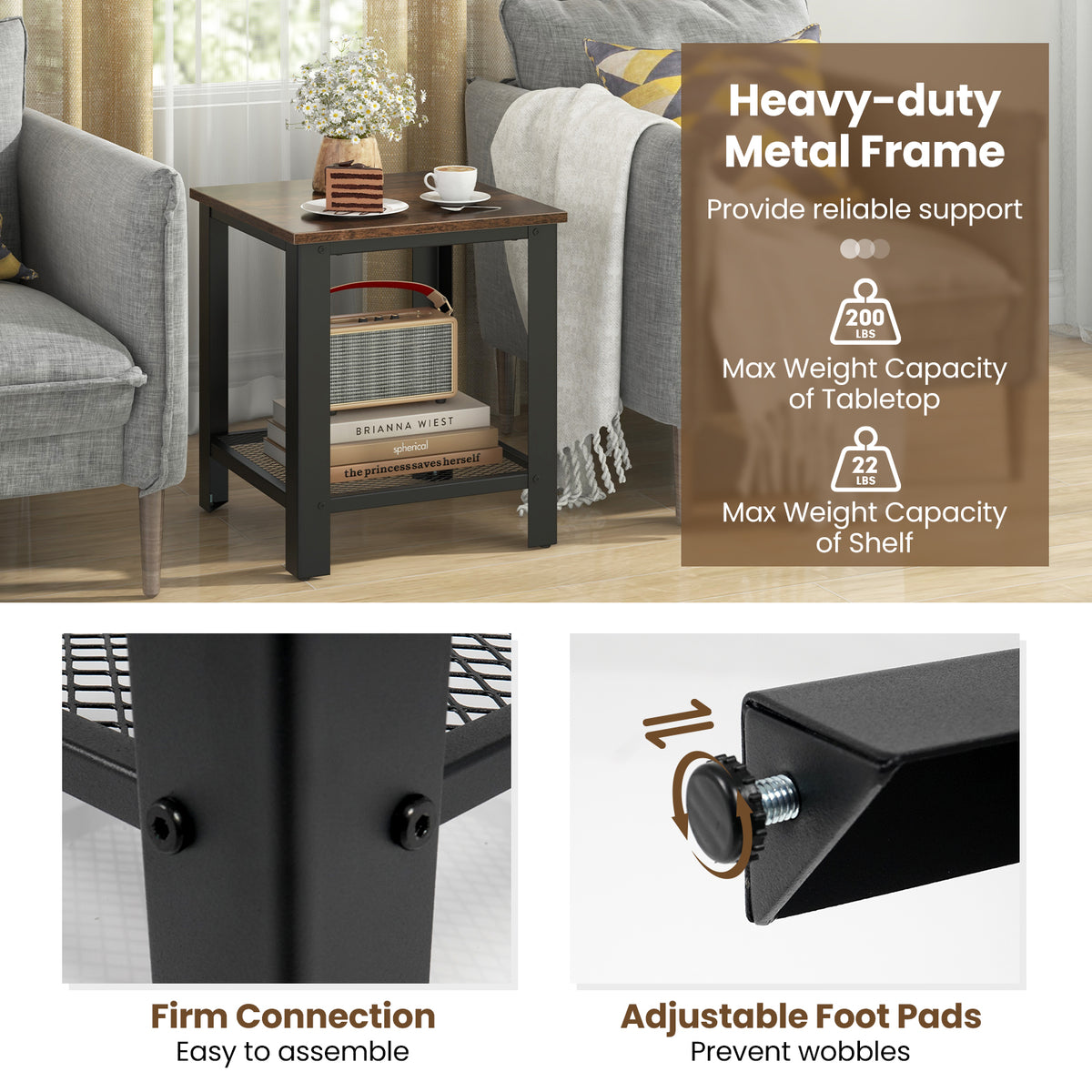 Industrial End Table 2-Tier Side Table, Black