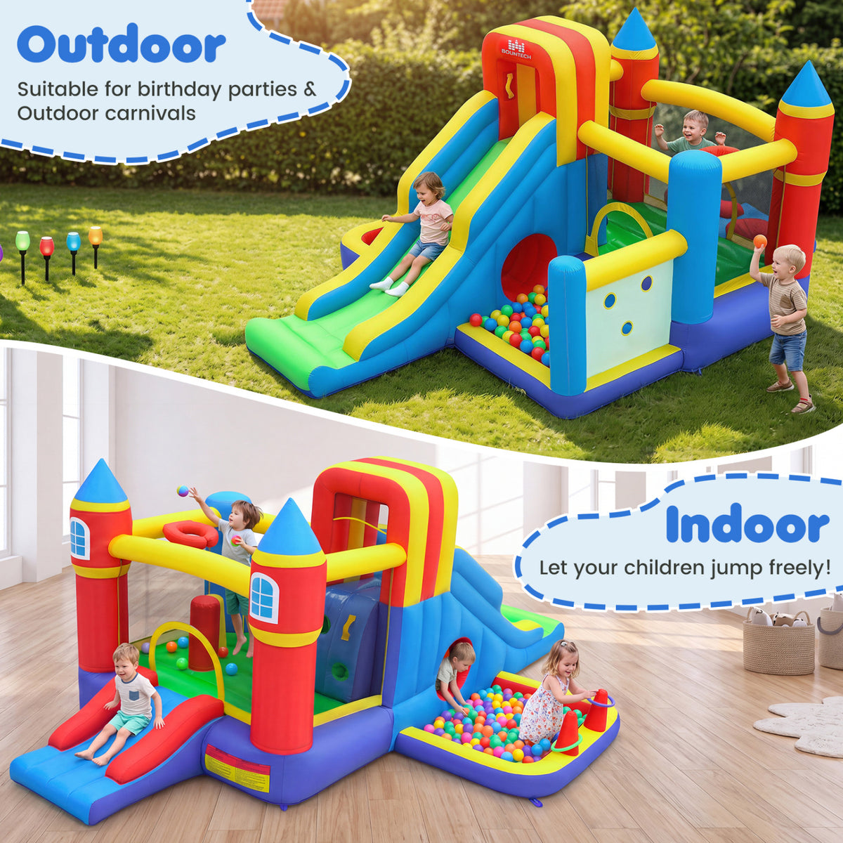 Inflatable Bounce House with 750W Air Blower with SlideSubtitle Climbing Wall and Basketball Hoop for Kid Backyard Indoo