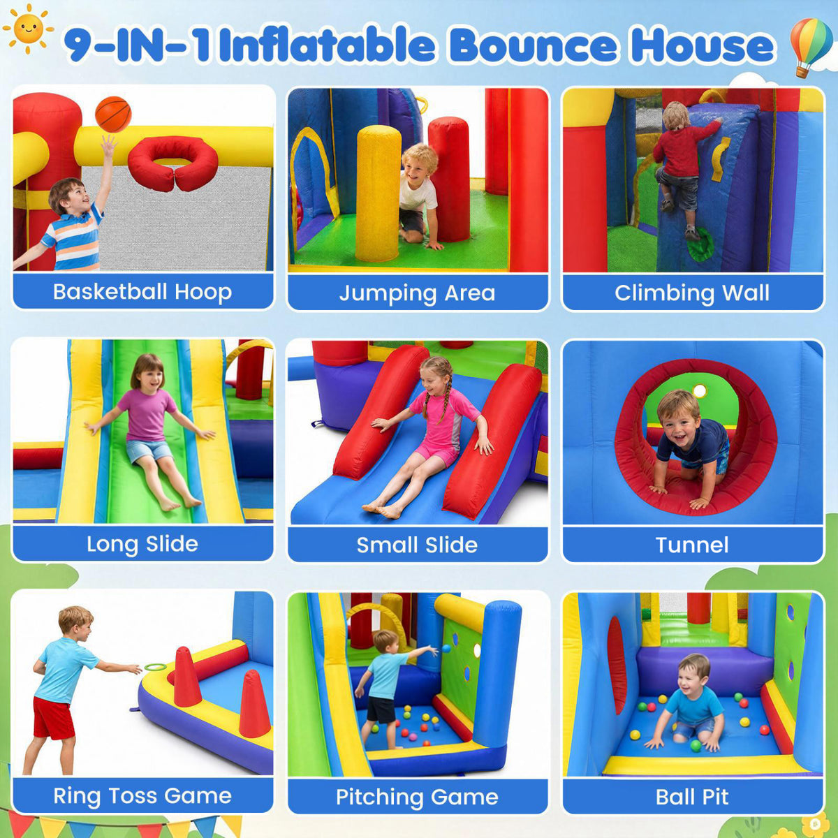 Inflatable Bounce House with 750W Air Blower with SlideSubtitle Climbing Wall and Basketball Hoop for Kid Backyard Indoo