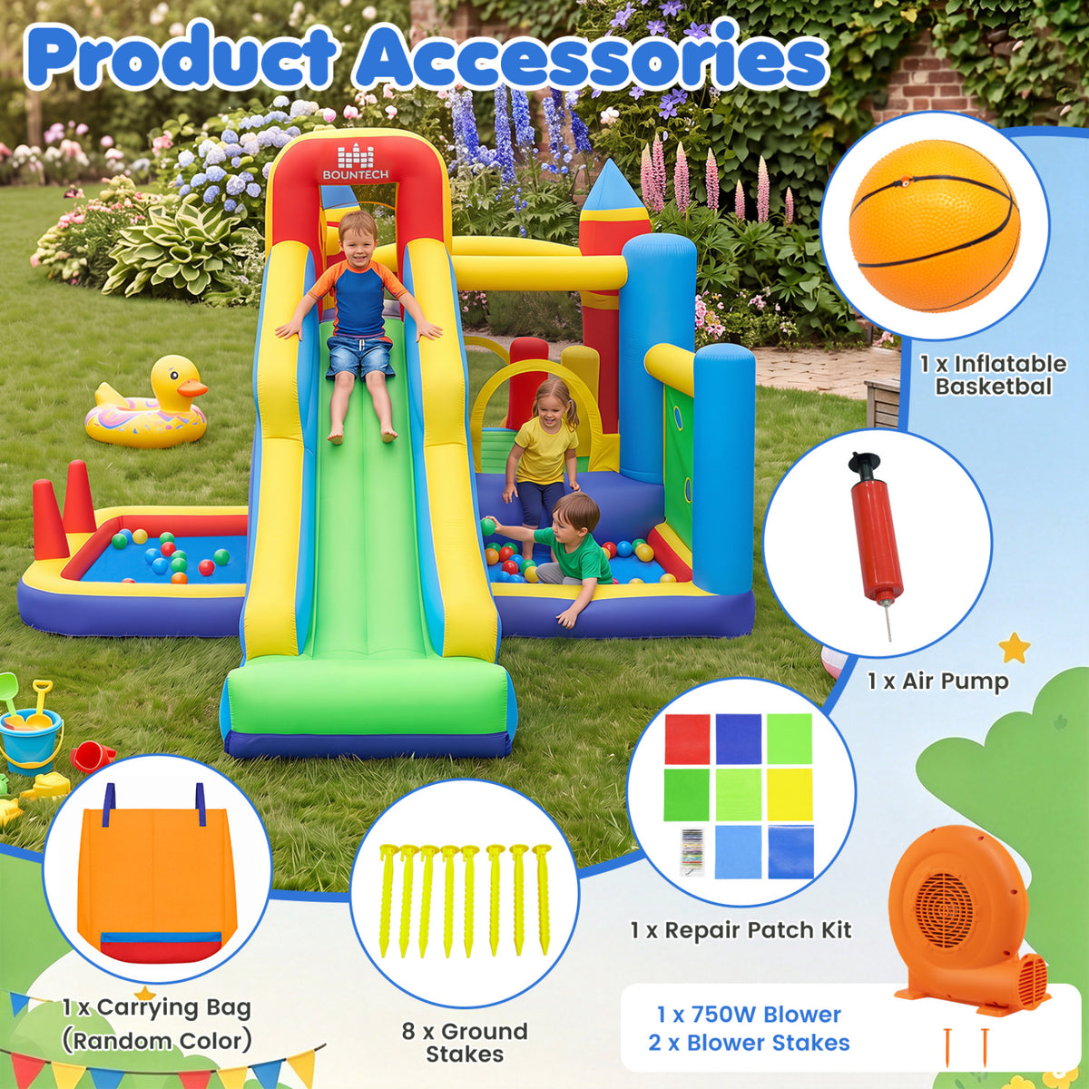 Inflatable Bounce House with 750W Air Blower with SlideSubtitle Climbing Wall and Basketball Hoop for Kid Backyard Indoo