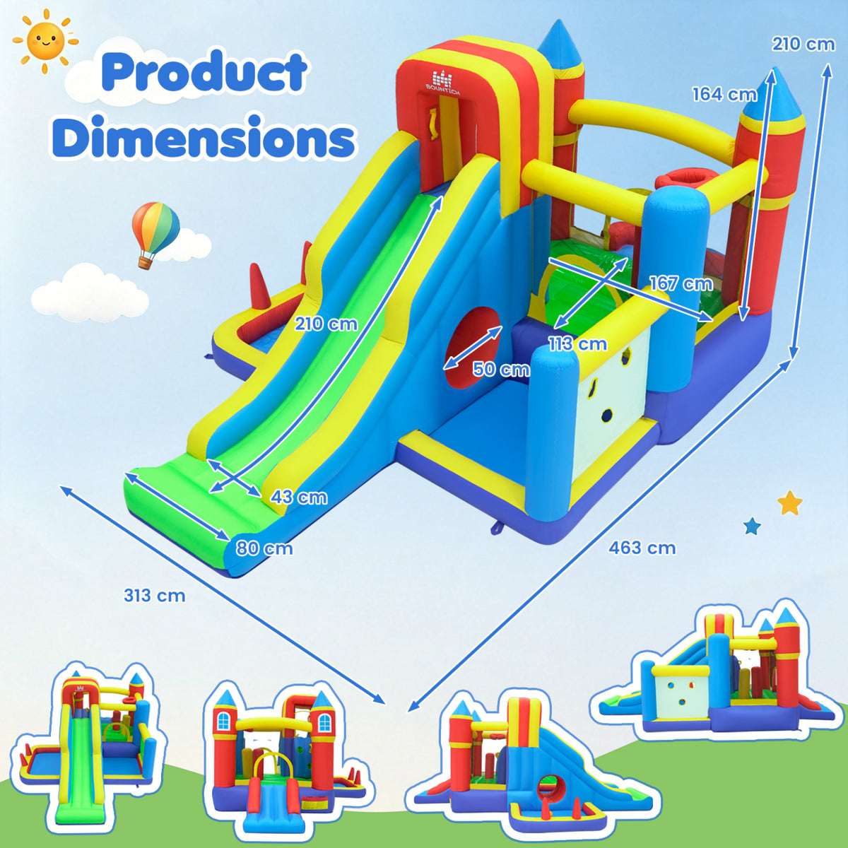 Inflatable Bounce House with 750W Air Blower with SlideSubtitle Climbing Wall and Basketball Hoop for Kid Backyard Indoo