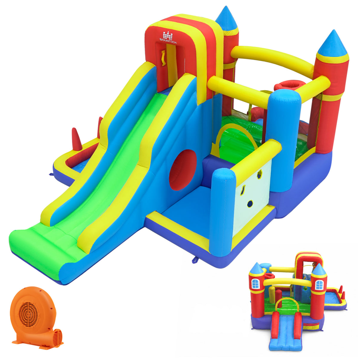 Inflatable Bounce House with 750W Air Blower with SlideSubtitle Climbing Wall and Basketball Hoop for Kid Backyard Indoo