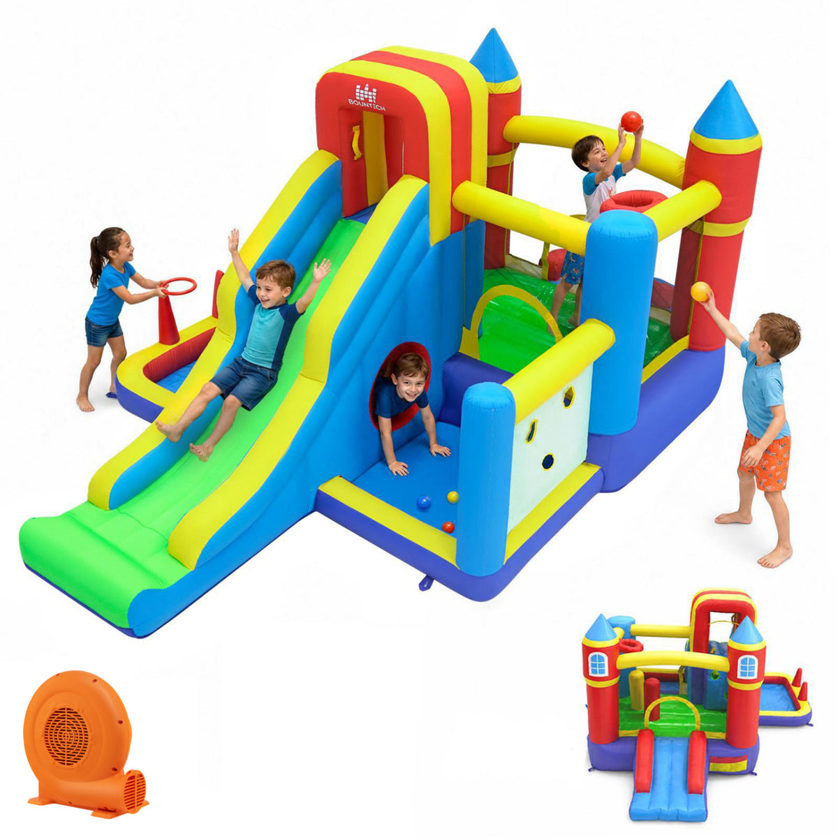 Inflatable Bounce House with 750W Air Blower with SlideSubtitle Climbing Wall and Basketball Hoop for Kid Backyard Indoo