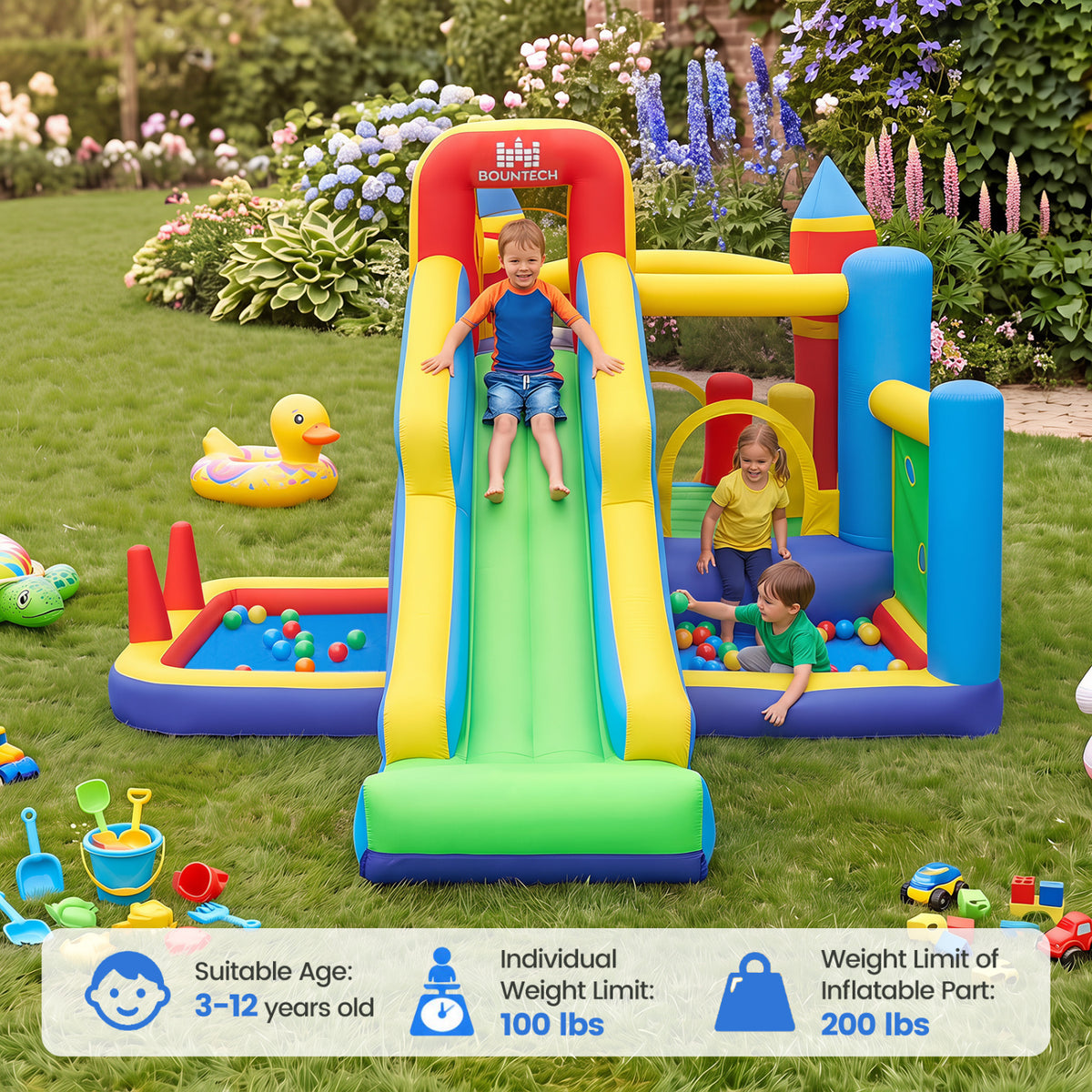 Inflatable Bounce House with 750W Air Blower with SlideSubtitle Climbing Wall and Basketball Hoop for Kid Backyard Indoo