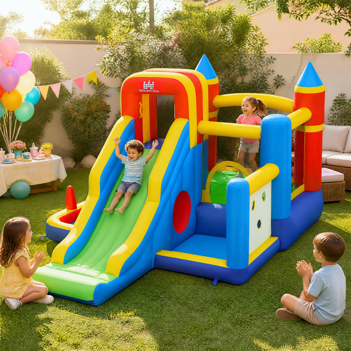 Inflatable Bounce House with 750W Air Blower with SlideSubtitle Climbing Wall and Basketball Hoop for Kid Backyard Indoo