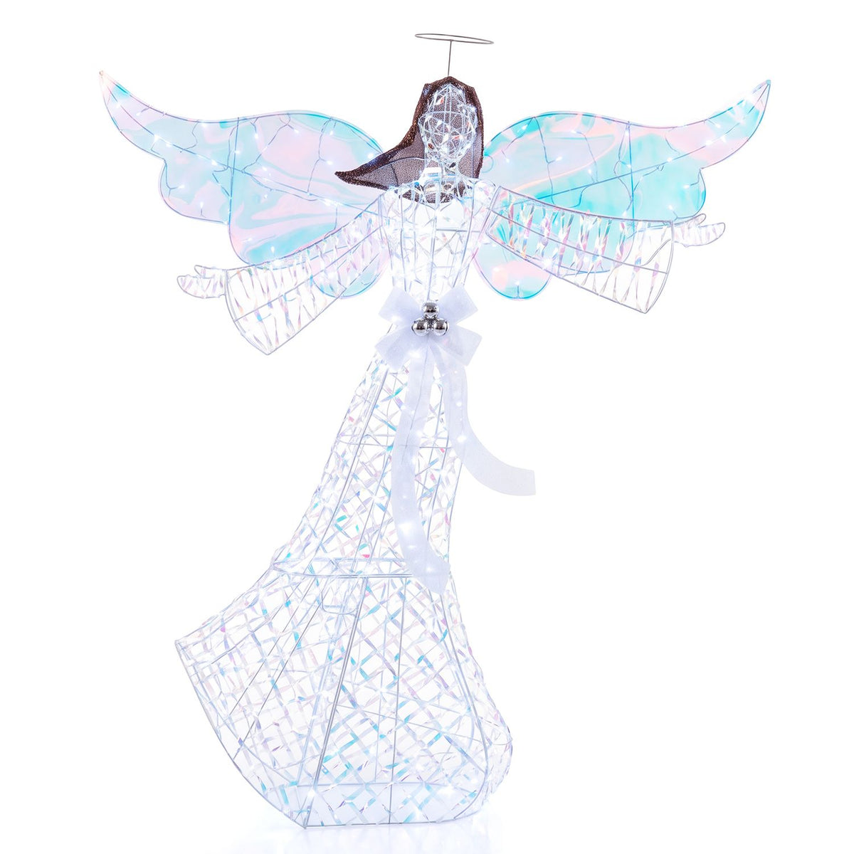 An iridescent wire-frame angel with outstretched wings and a flowing gown against a white background.